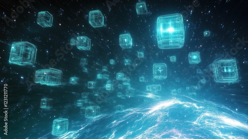 Futuristic Digital Landscape of Floating Chemical Elements in Cosmic Space with Cyberpunk Aesthetics
