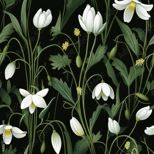 A seamless pattern of delicate white snowdrops with slender green stems, set against a rich dark green background, elegant and minimalisti photo