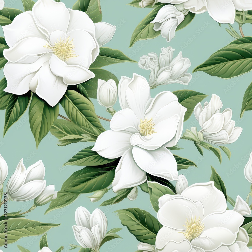 A seamless pattern of pure white gardenias in full bloom, accented by lush green leaves, set against a soft mint green background, elegant and fresh A seamless pattern of pure white gardenias in full bloom, accented by lush green leaves, set against a soft mint green background, elegant and fresh