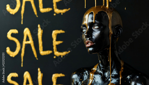 Portrait of a bald woman, black glosy paint covers the entire surface of the body, a large stream of golden paint pours down from above onto her body, white eyes, gold iris, shalow deapth of field, bl photo