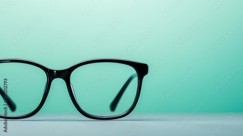 pair of black framed glasses on flat gray table with soft green background pair of black framed glasses on flat gray table with soft green background