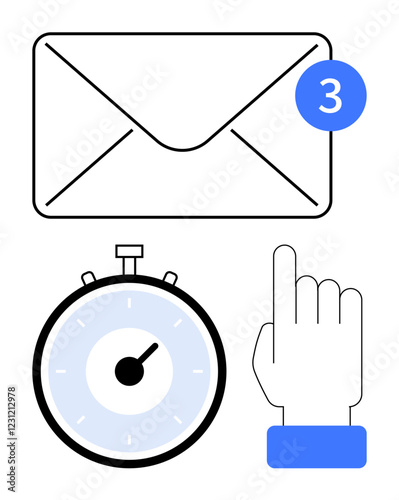 Envelope with notification badge stopwatch hand pointing up. Ideal for messaging, email alerts, reminders, time management, productivity, notifications, efficiency. Line metaphor