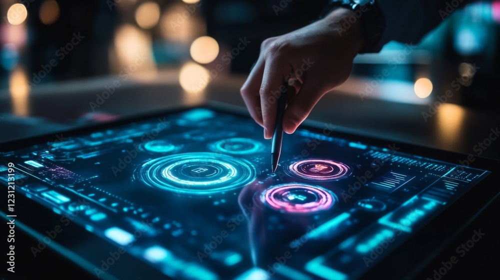 Obraz premium Hand Using Stylus on Futuristic Tablet with Neon Blue and Pink Interface