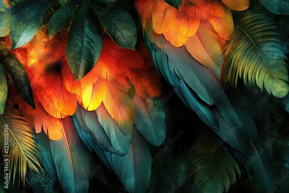 Obraz premium Parrot feather patterns woven into a scene of tropical fruit trees, where the bright, vivid colors blend with the lush greenery, creating a lively, exotic atmosphere