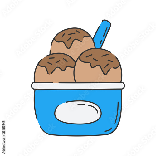 Ice Cream Bowl Doodle Illustration, A bowl filled with scoops of ice cream and a spoon. 