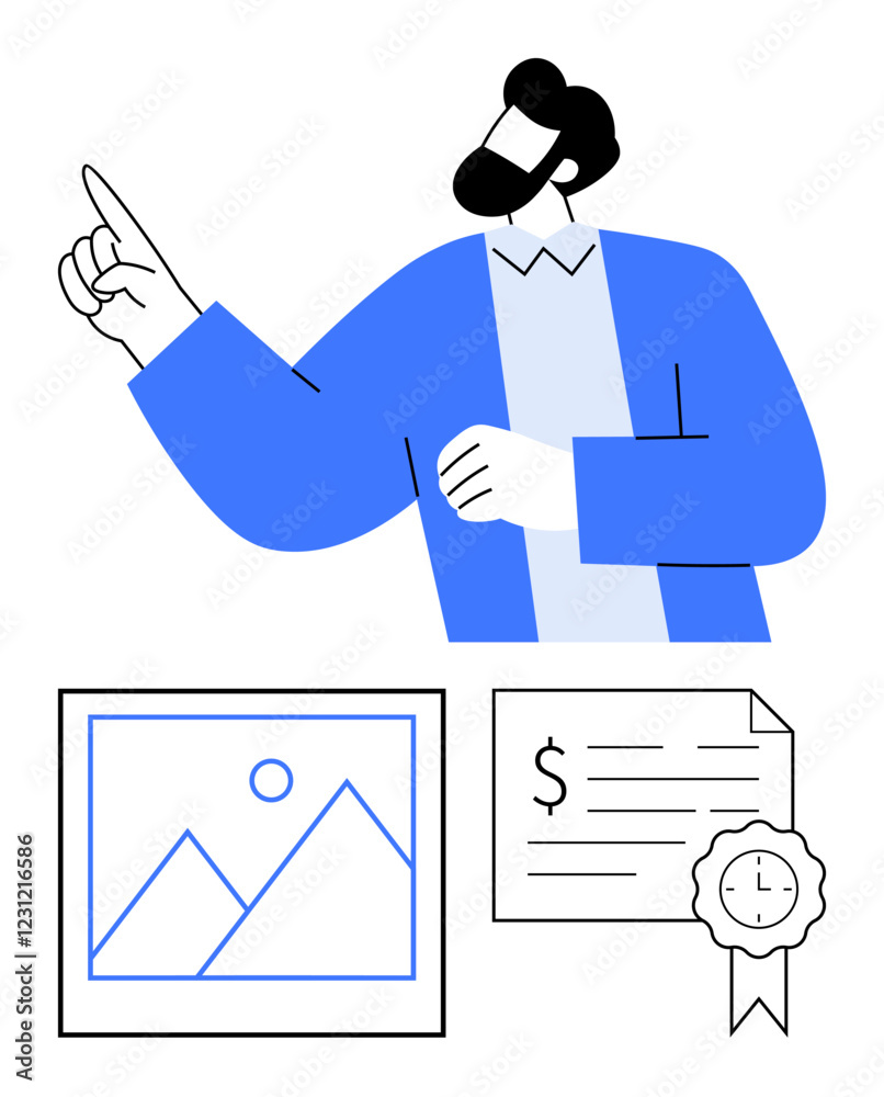 Man pointing while speaking, next to a framed landscape image and a certificate with money symbol and ribbon. Ideal for business, achievement, presentation, leadership, certification, teamwork Man pointing while speaking, next to a framed landscape image and a certificate with money symbol and ribbon. Ideal for business, achievement, presentation, leadership, certification, teamwork