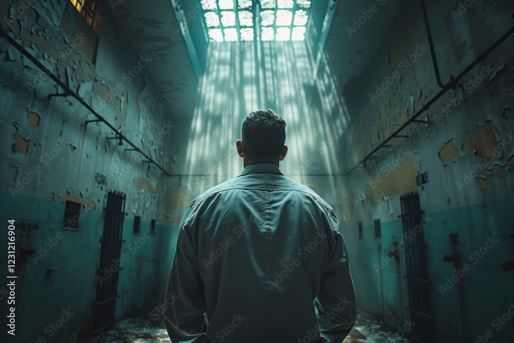 Rear view of a male in gray clothing, facing away from the camera, standing inside a jail cell with light shining through. ,. Generative AI Rear view of a male in gray clothing, facing away from the camera, standing inside a jail cell with light shining through. ,. Generative AI