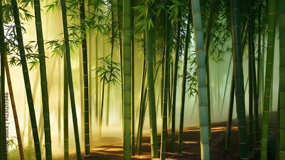 Fototapeta premium AI GENERATE, lush bamboo forest with soft light filtering through the tall green stalks, background