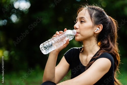 A woman in sportswear running in the park, enjoying fresh air, engaging in outdoor activities to maintain a healthy lifestyle, boosting cardiovascular health, and feeling happy and energetic
