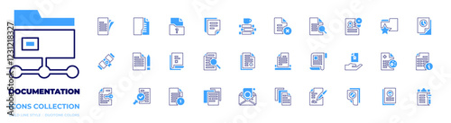 Documentation icon collection. Bold line style. Duotone colors. folder, document, legal document, delete, submit, file, question, information