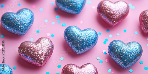 Title:
Pink and blue glitter hearts pattern on pastel background. Valentine's Day banner template. Gender reveal party decoration.