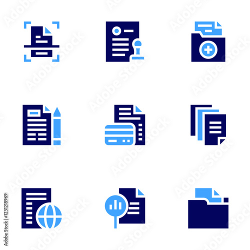 Documentation icon set. Bold style. Duotone colors. scan, document, report, data, folder