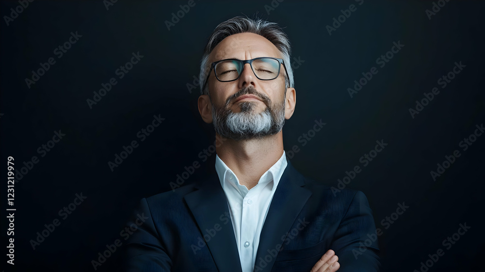 Serene businessman, arms crossed, dark background, studio portrait, professional headshot