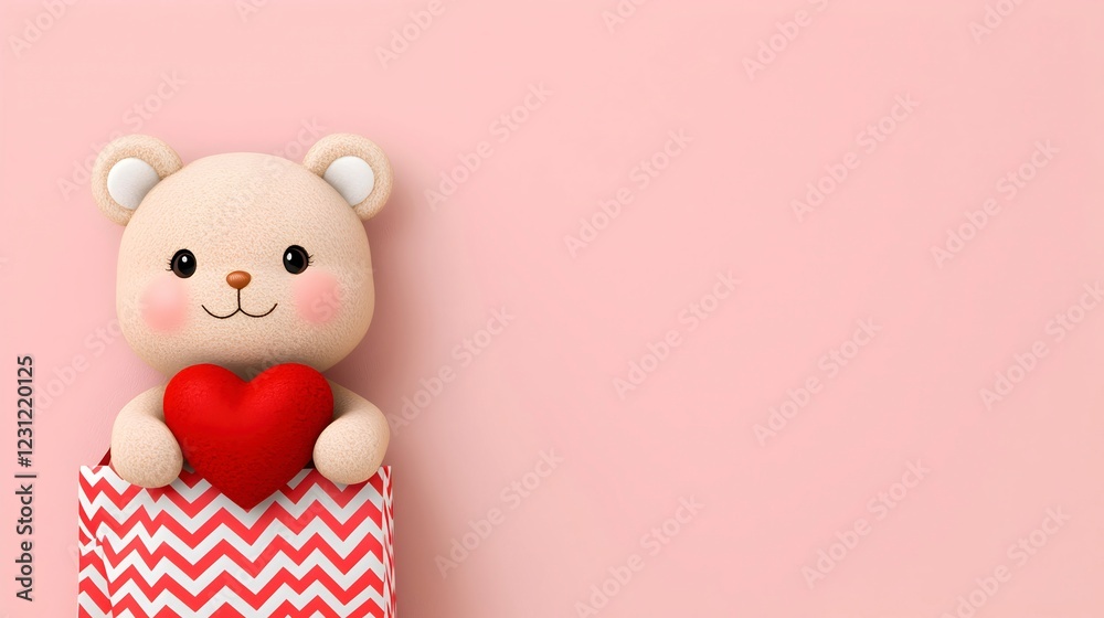Obraz premium Adorable Teddy Bear Holding Red Heart in Gift Box on Pink Background