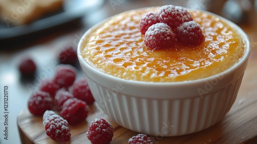 Delicious dessert in a bowl topped with raspberries, set on a wooden table with blurred background photo