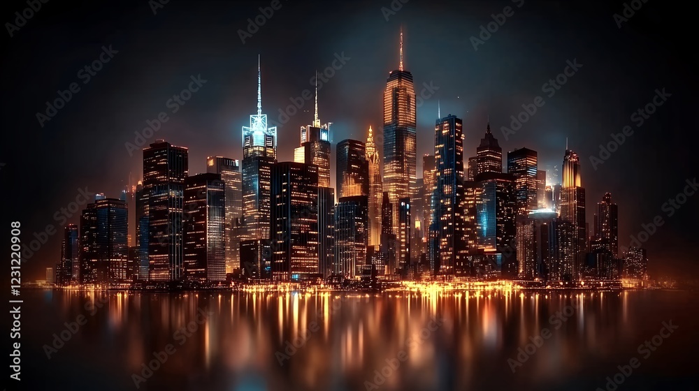 Night Cityscape Reflection Warm and Cool Lights, Modern Architecture Night Cityscape Reflection Warm and Cool Lights, Modern Architecture