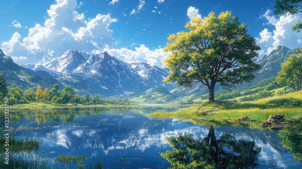 Obraz premium Serene mountain lake with tree reflection.