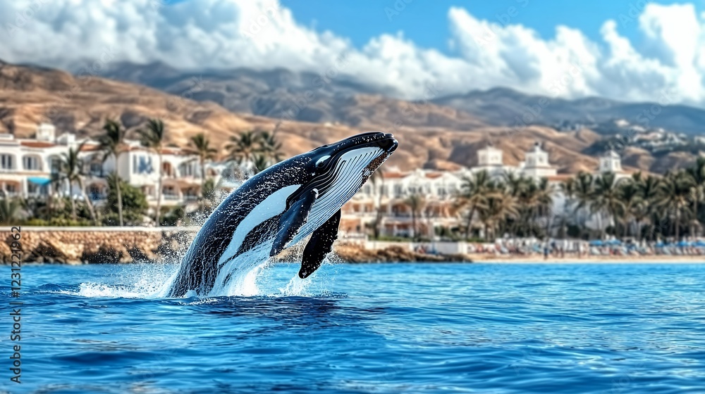 Obraz premium Orca Whale Leaping From Ocean Water Near Coastal Resort