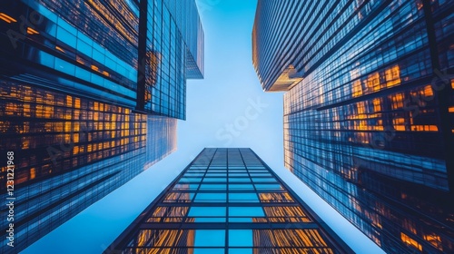 Wallpaper Mural A stunning view looking up at modern skyscrapers, showcasing glass facades and a vibrant blue sky, creating a sense of urban energy and architectural beauty. Torontodigital.ca
