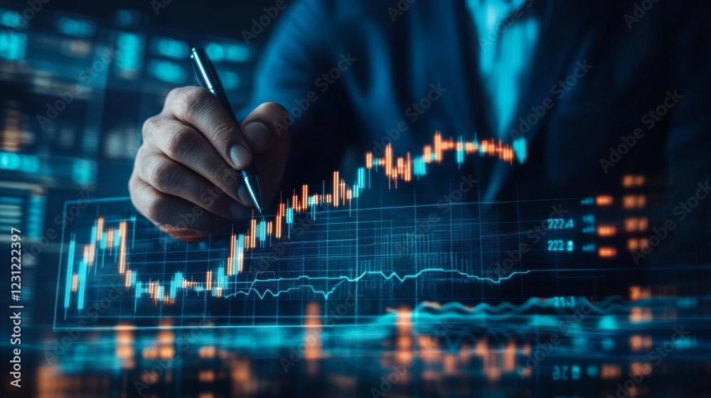 A person analyzes a digital financial chart using a stylus, showcasing data trends in an advanced technological environment. A person analyzes a digital financial chart using a stylus, showcasing data trends in an advanced technological environment.