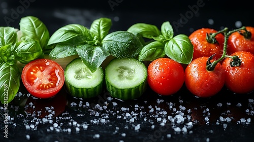 On a black background, there is an assortment of fresh vegetables, including tomatoes, cucumber slices, basil leaves, and onion slices