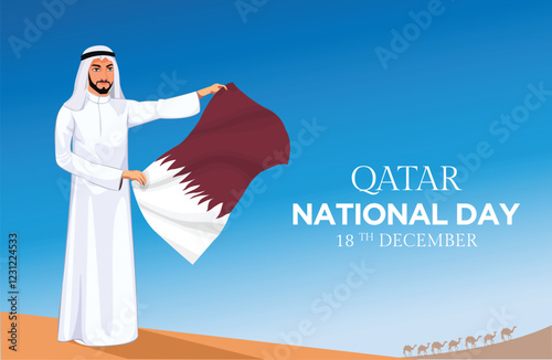 A Qatari civilian proudly raises the national flag in the Arabian Peninsula’s desert, celebrating Qatar’s National Day and commemorating the country’s unification, patriotism, and heritage.