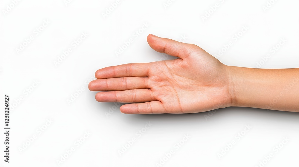 Naklejka premium Open Hand Reaching Out Against White Background A Simple and Clean Image of a Fair-Skinned Person's Hand and Forearm Extending Tow