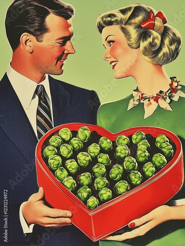 Vintage Valentine's Day Illustration - Couple with a Heart-Shaped Gift Box