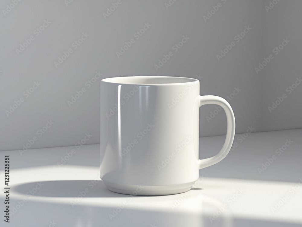 A plain white ceramic mug placed on a clean white surface with soft natural lighting and subtle shadows. A plain white ceramic mug placed on a clean white surface with soft natural lighting and subtle shadows.