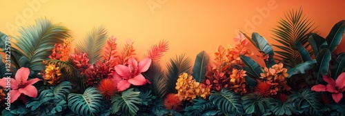 Vibrant Tropical Paradise: A Lush Arrangement of Exotic Flowers and Palm Leaves Against a Warm Orange Background