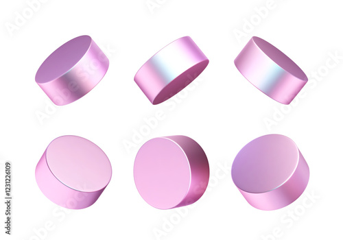 3d glossy bold cylinders. Futuristic coins, metallic buttons. Chrome circles in different angles. Clean disk, pedestal, techno tablets set. Pink gradient elements. Vector hologram illustration.