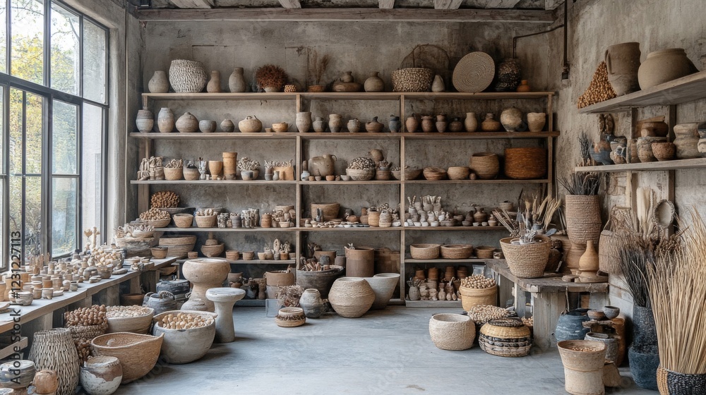 Rustic Pottery Studio Interior with Earthenware and Clay Sculptures Rustic Pottery Studio Interior with Earthenware and Clay Sculptures