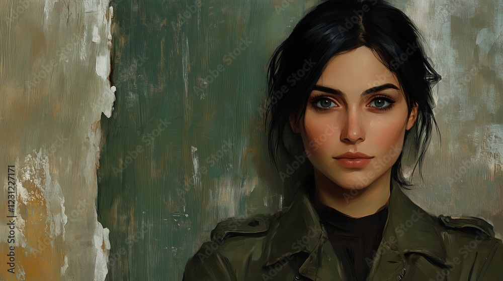 Woman with intense gaze in military style jacket Woman with intense gaze in military style jacket
