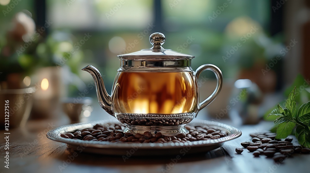 Warmth and Tranquility: A Silver Teapot Resting on a Bed of Coffee Beans Warmth and Tranquility: A Silver Teapot Resting on a Bed of Coffee Beans