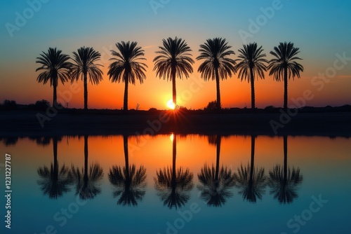 Silhouette of a desert oasis with tall palm trees, reflected in the still waters of a small lake at sunset photo