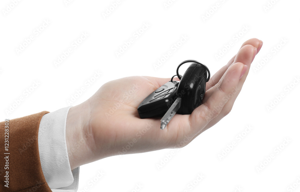 Woman with car keys on white background, closeup. Buying auto Woman with car keys on white background, closeup. Buying auto