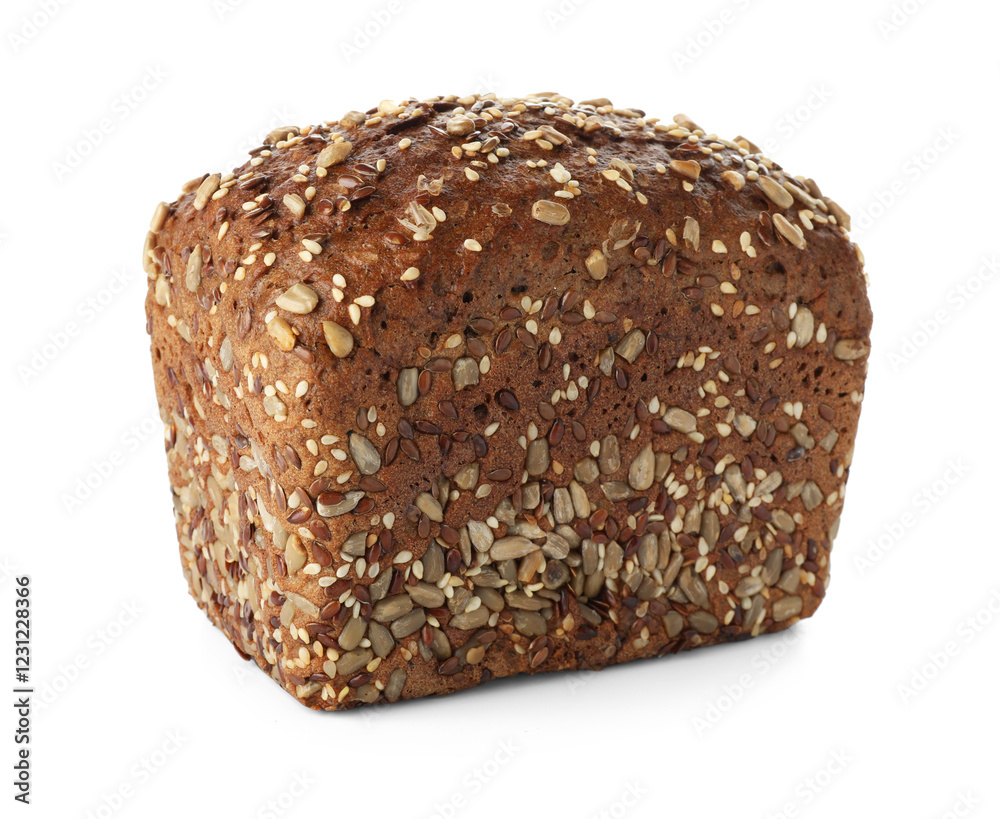 One freshly baked bread with seeds isolated on white One freshly baked bread with seeds isolated on white