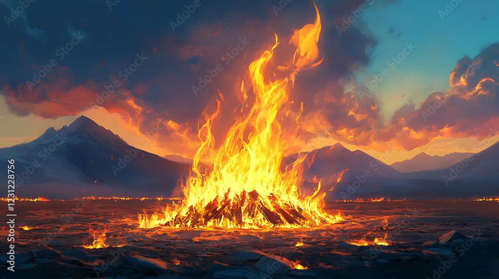 Fiery Bonfire at Sunset with Snowy Mountains Fiery Bonfire at Sunset with Snowy Mountains