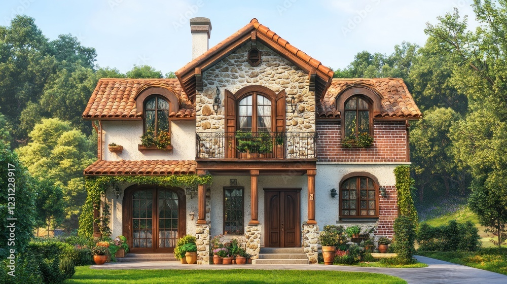 Fototapeta premium Charming stone house with terracotta roof, surrounded by lush greenery.