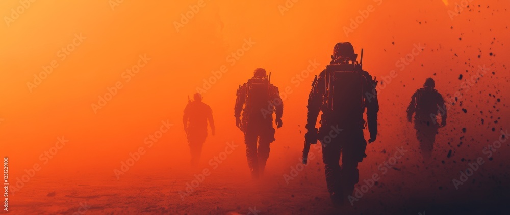 Fototapeta premium Group in hazmat suits escapes fire with urgency and determination under an orange-lit sky