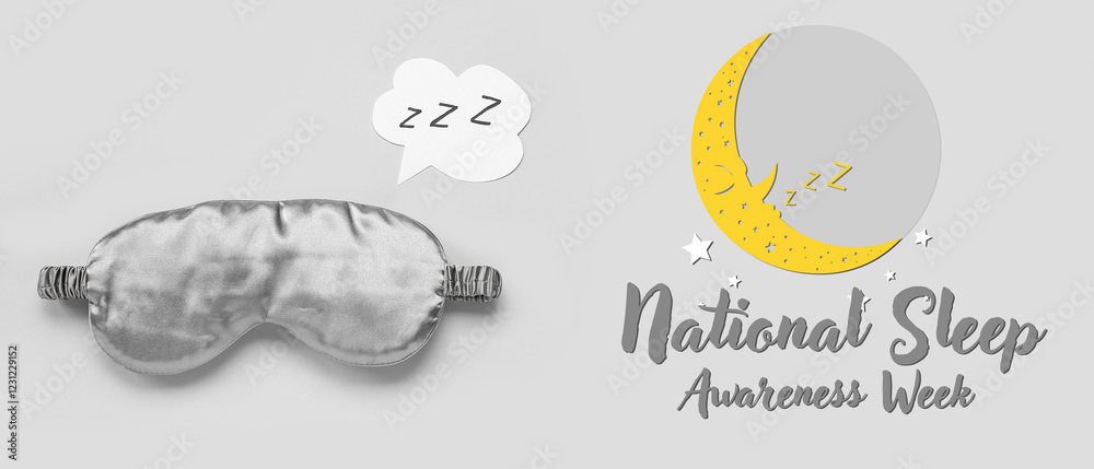 Naklejka premium Sleeping mask and speech bubble with text ZZZ on light background. World Sleep Day concept