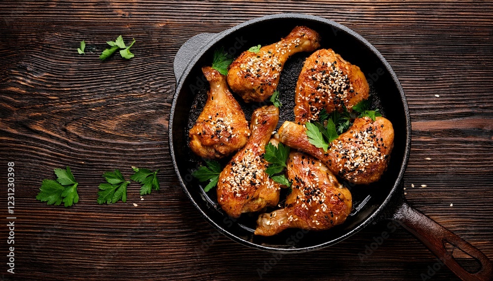 chicken with vegetables. Baked spicy chicken legs with sesame and parsley in cast iron frying pan on dark wooden background. chicken with vegetables. Baked spicy chicken legs with sesame and parsley in cast iron frying pan on dark wooden background.