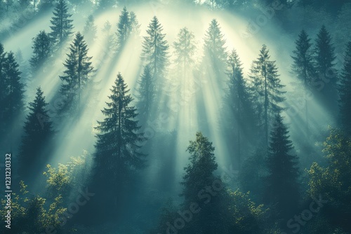 Silhouette of a misty forest with towering pine trees, with faint beams of light filtering through the thick canopy
