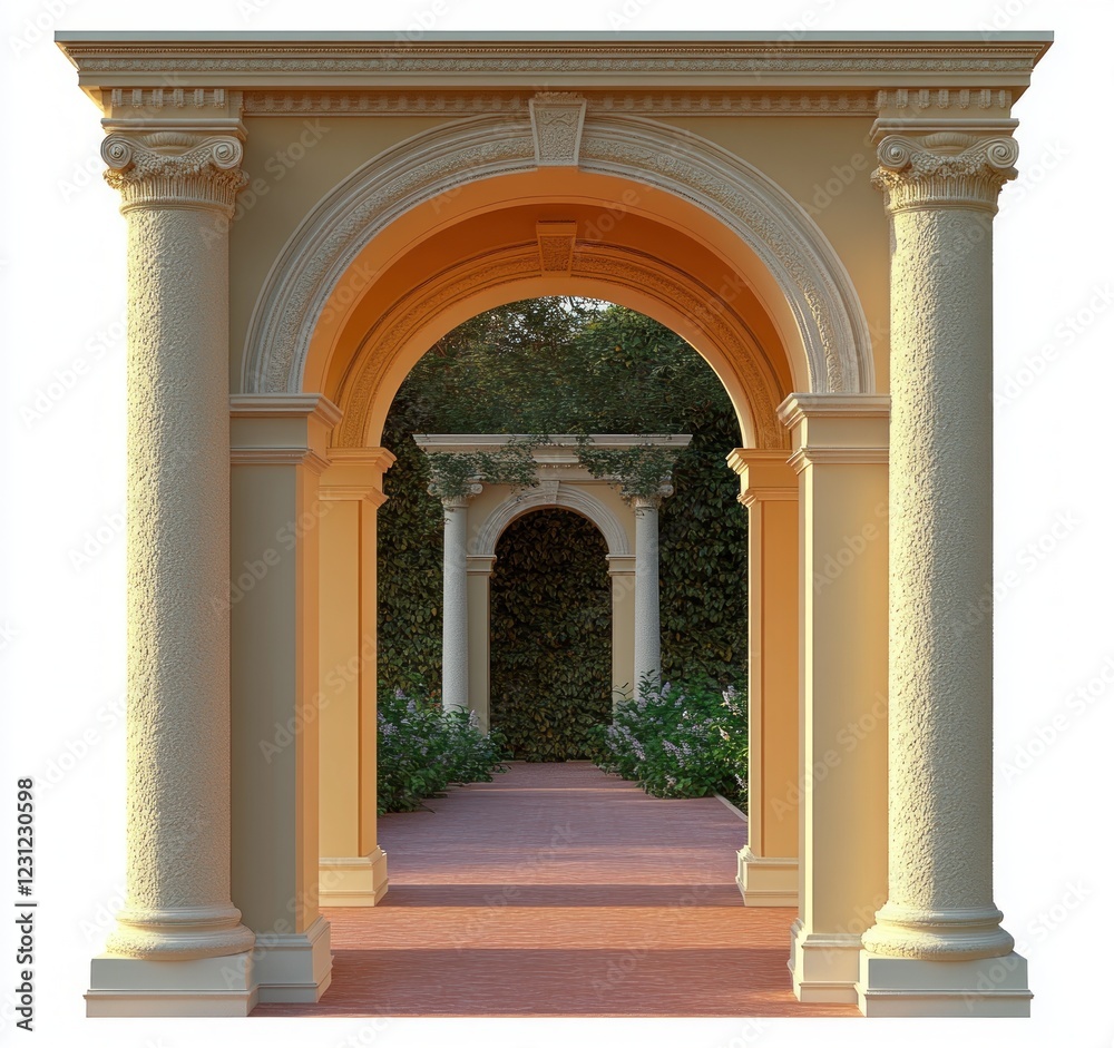 Fototapeta premium Classical Archway in Neoclassical Style Illumined by Golden Hour Sunlight with Lush Greenery