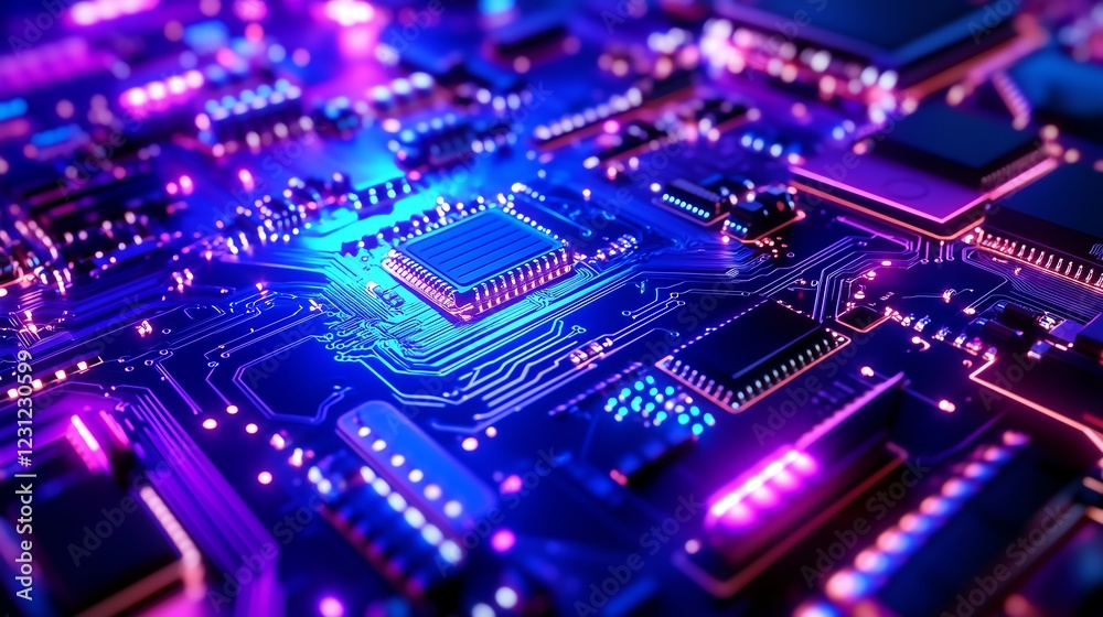 Intricate 3D Render of Glowing Circuit Boards with Vibrant Blue and Purple Lights, Reflecting on Metallic Surfaces and Showcasing Futuristic Technology Intricate 3D Render of Glowing Circuit Boards with Vibrant Blue and Purple Lights, Reflecting on Metallic Surfaces and Showcasing Futuristic Technology
