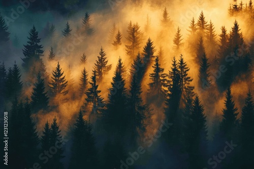 Silhouette of a misty forest with towering pine trees, with faint beams of light filtering through the thick canopy