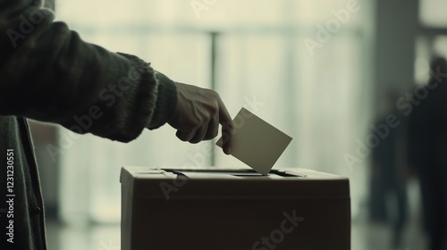 A hand casting a vote into a ballot box, with the focus on the hand and ballot, surrounded by an empty, soft-focus background to create a minimal atmosphere. photo