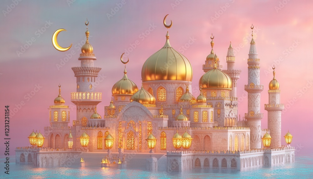 Obraz premium Majestic Islamic Mosque at Sunset Golden Domes and Crescent Moon Peaceful Water Reflection