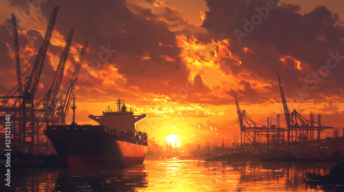 Panoramic view of a cargo ship anchored at a busy trade hub, with cranes stretching toward the sky, as dramatic golden shadows spread across the harbor during sunrise. photo