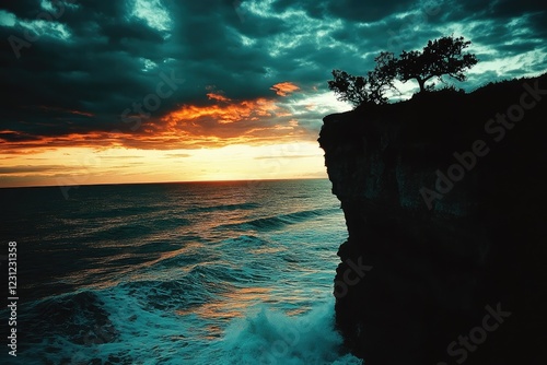 Silhouette of a rugged cliffside with waves crashing below, under a sky filled with darkening clouds photo